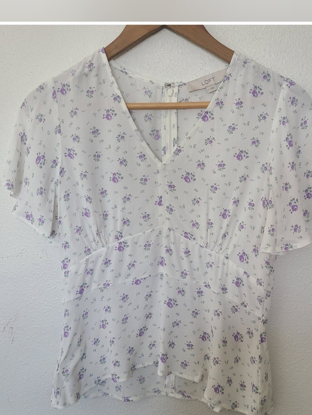 LOFT White Peplum Blouse with Lavender Floral Print
